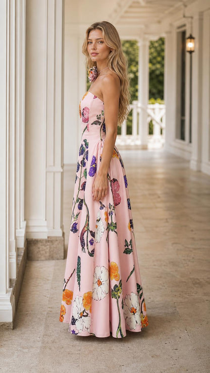 Side profile of pink floral maxi dress