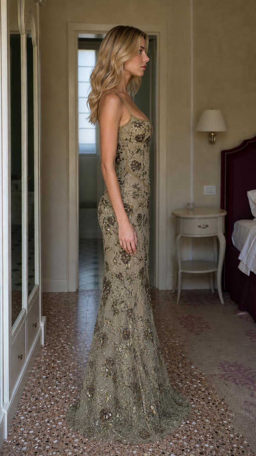 Model wearing olive sequin mermaid evening dress from the side