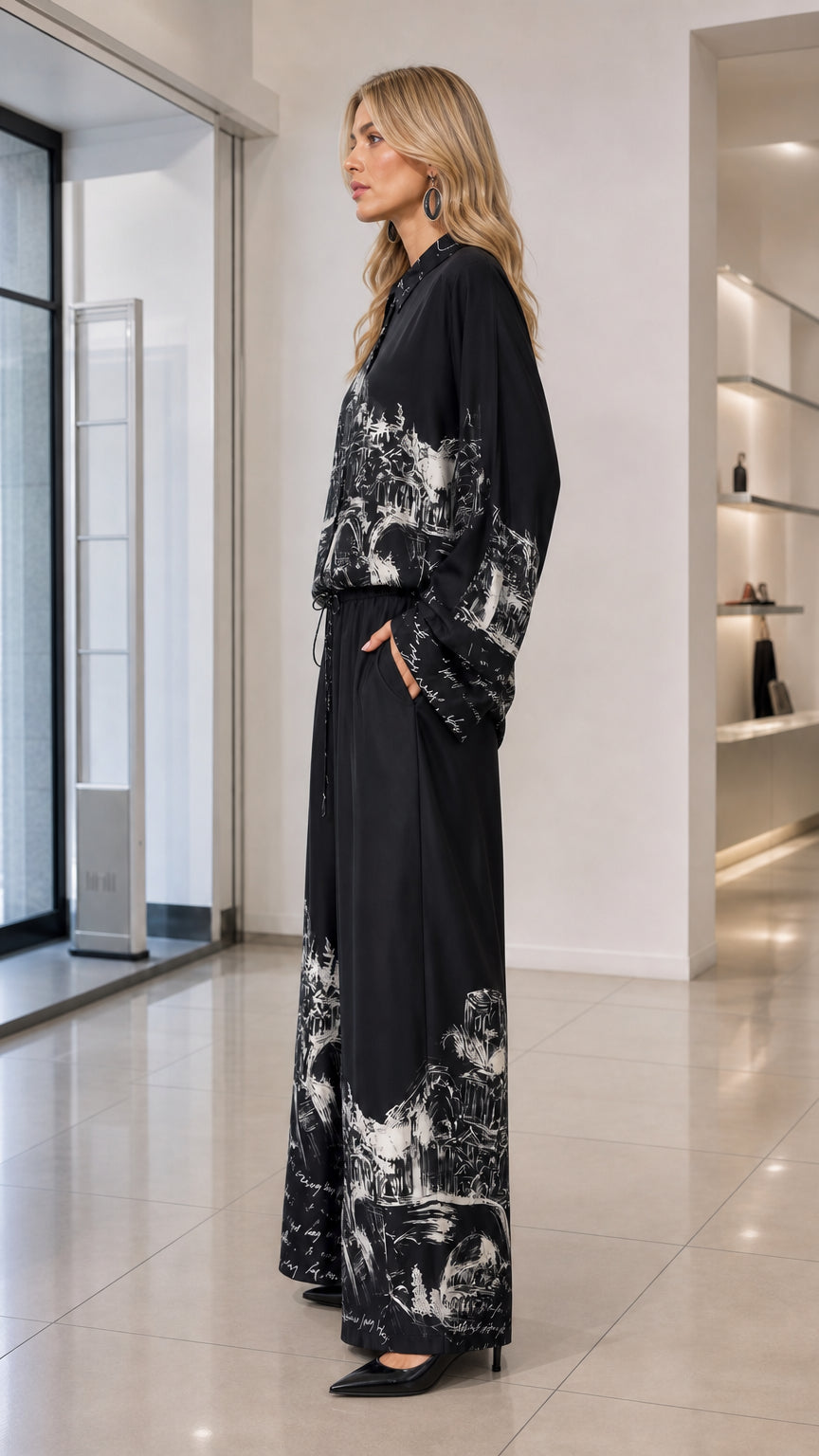 Side profile view of black sketch print two-piece shirt and wide-leg trousers outfit
