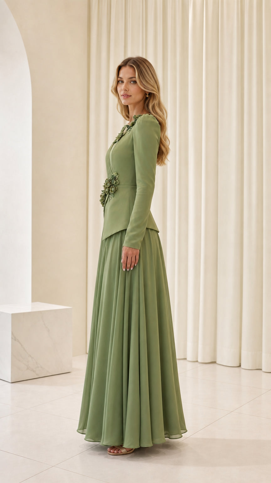 Side angle view of woman in sage green long sleeve formal gown with pleated skirt