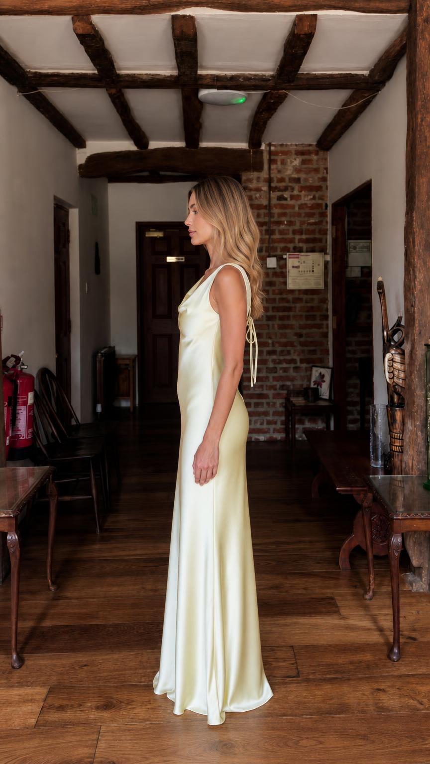 Side profile of yellow satin slip dress