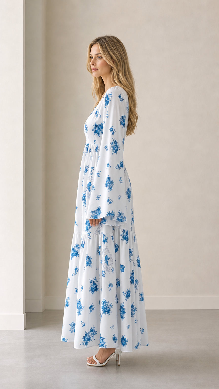 Side profile view of white floral long bell sleeve tiered maxi dress