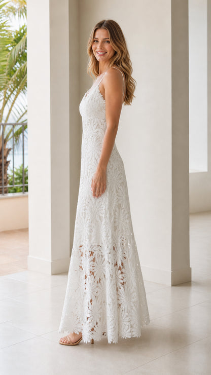 Side angle view of white floral lace low back maxi dress