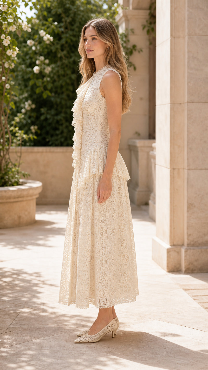 Side profile of model wearing cream lace maxi dress