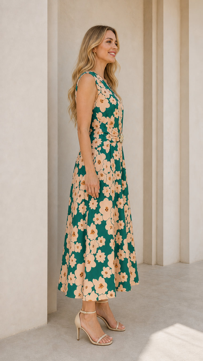 Side view of green floral midi dress