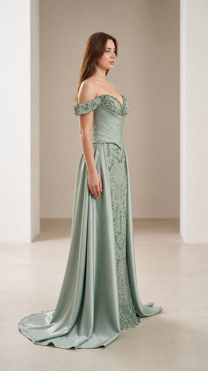 Side profile of sage green formal gown