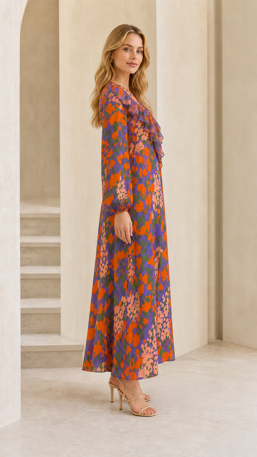 Side profile view of model wearing purple floral maxi dress with ruffle detailing