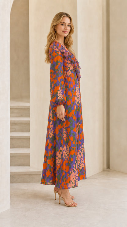 Side profile view of model wearing purple floral maxi dress with ruffle detailing