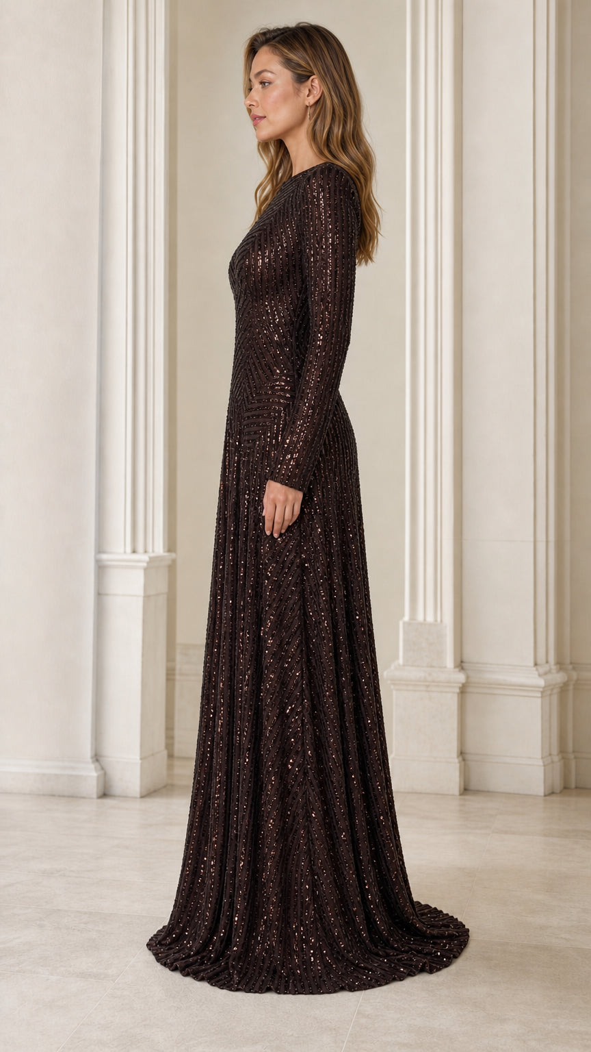 Side profile view of model wearing Chocolate long-sleeve sequin formal dress
