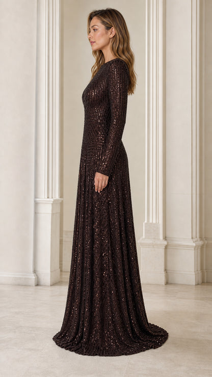 Side profile view of model wearing Chocolate long-sleeve sequin formal dress
