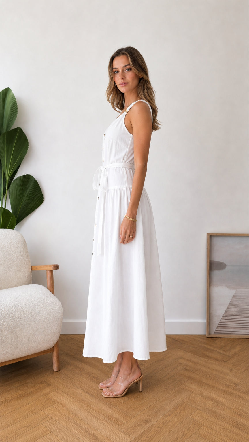 Side profile of model wearing white button-front dress