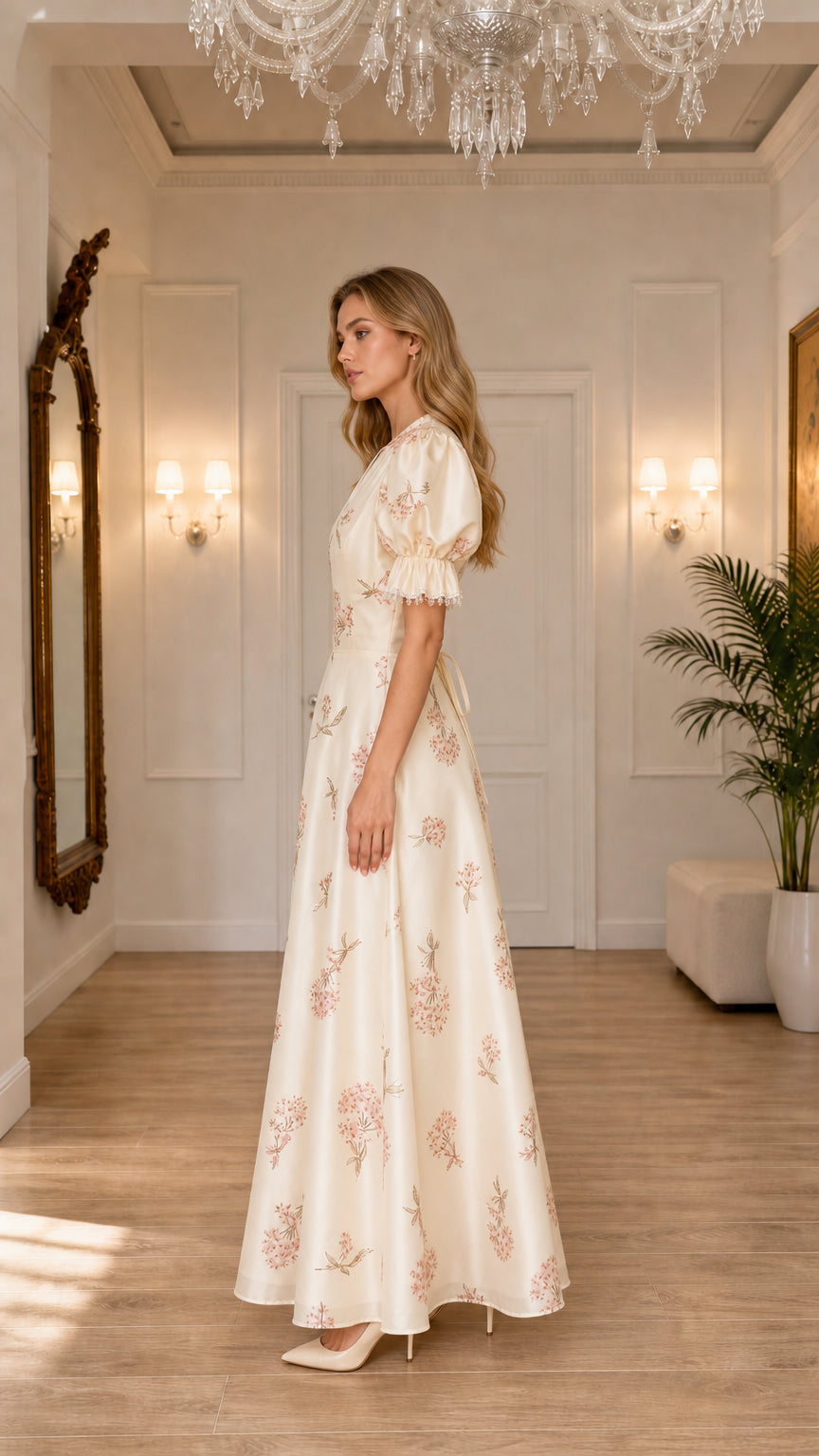 Model wearing cream floral embroidered puff sleeve maxi dress, side view