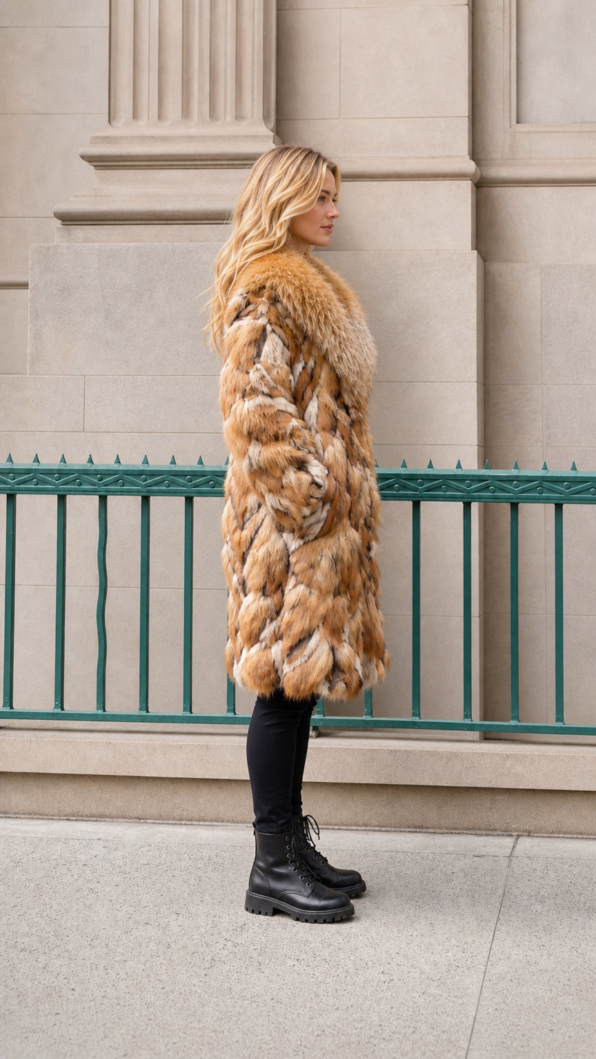 Side profile of model in brown faux fur mid-length coat
