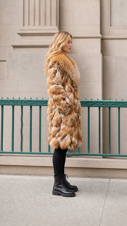 Side profile of model in brown faux fur mid-length coat