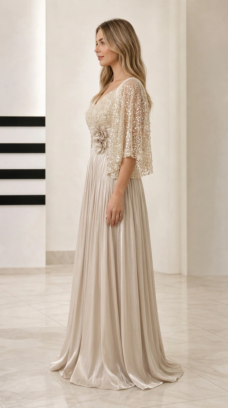 Side profile view of Champagne embellished formal maxi dress with cape sleeves