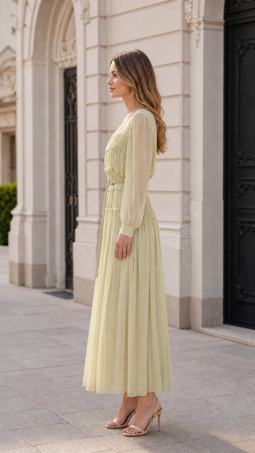Side profile view of sage green maxi dress