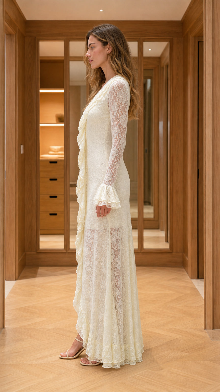 Side view of ivory lace maxi dress