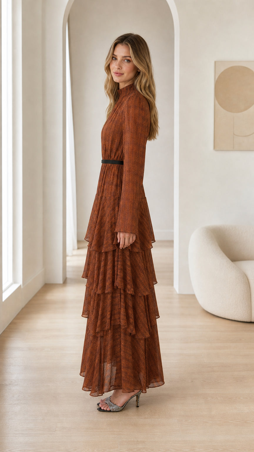 Side profile view of Rust Brown long sleeve tiered ruffle maxi dress