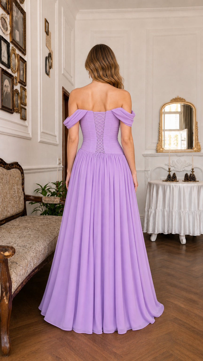 Lace-up corset back detail of lavender formal evening dress