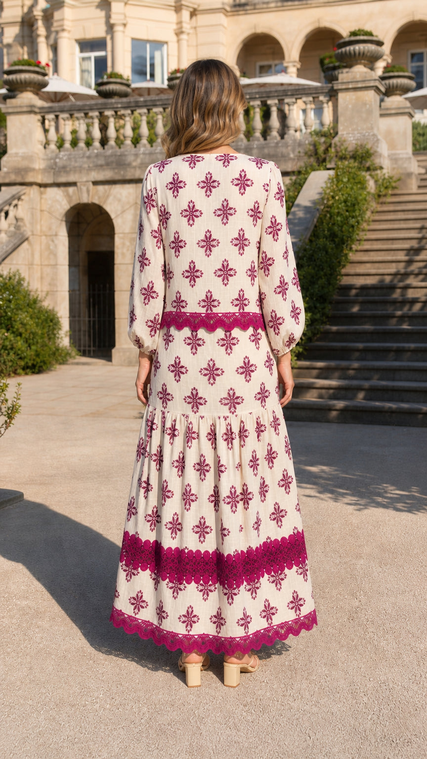 Back view of ivory tiered maxi dress