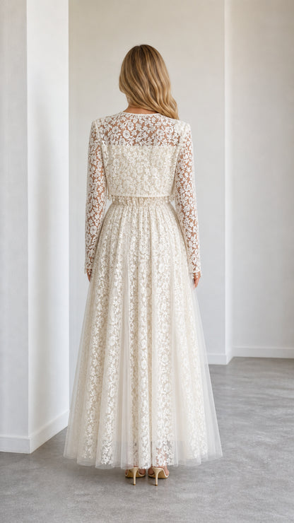 Back view of ivory embroidered lace maxi dress set
