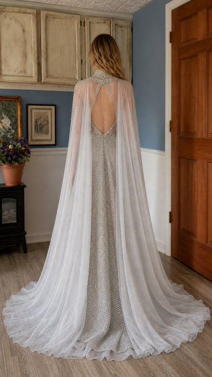 Back view showcasing sheer cape and low-back detail