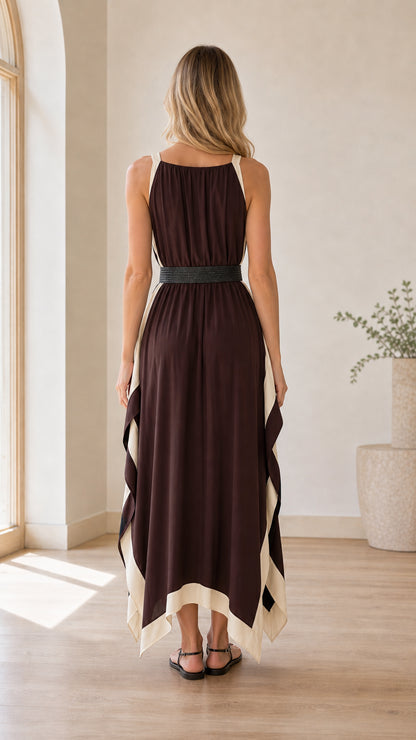 Back view of model wearing Chocolate Brown gathered back handkerchief maxi dress