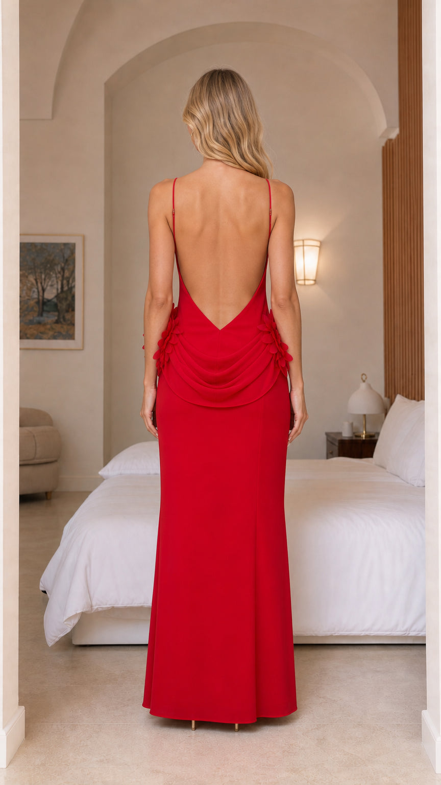 Back view showing low-cut open back of red evening gown