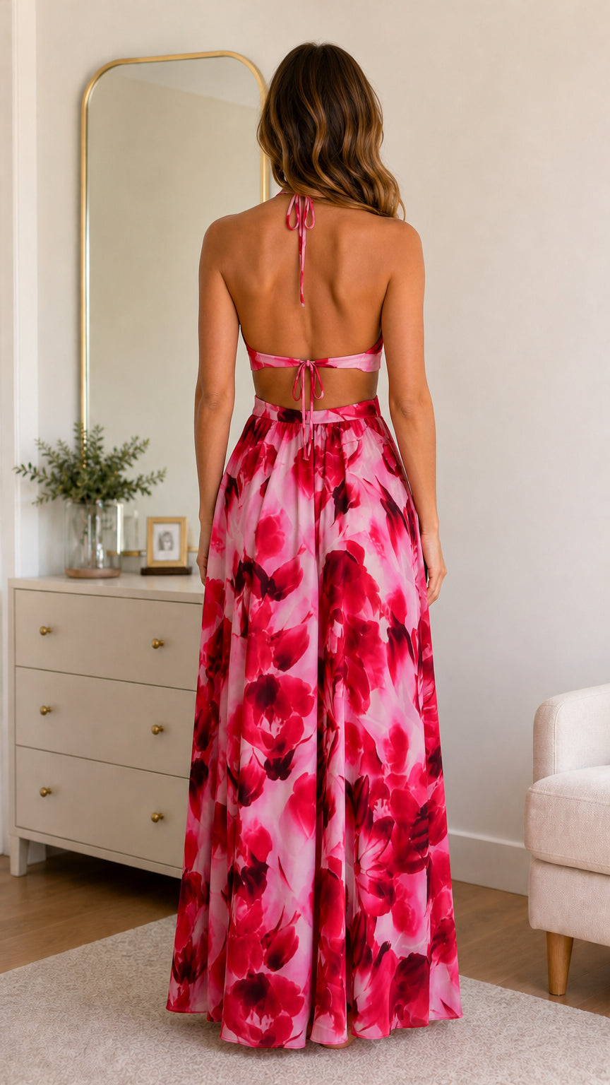 Back view showing open back and tie details of the maxi dress