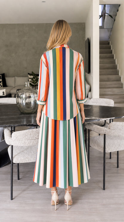 Back view of multi-colored striped shirt and skirt set