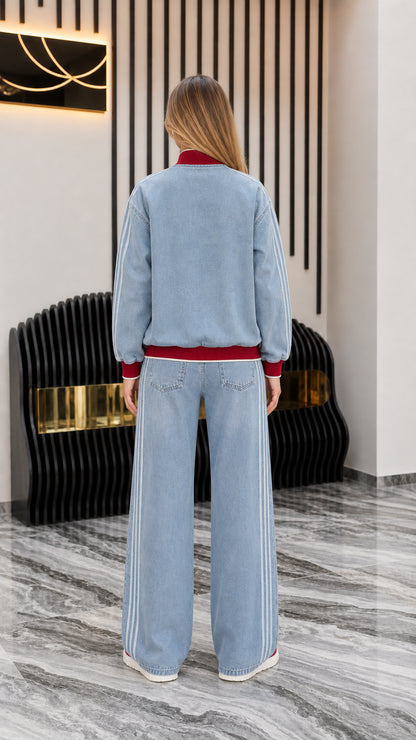 Back view of model in Light Blue denim set
