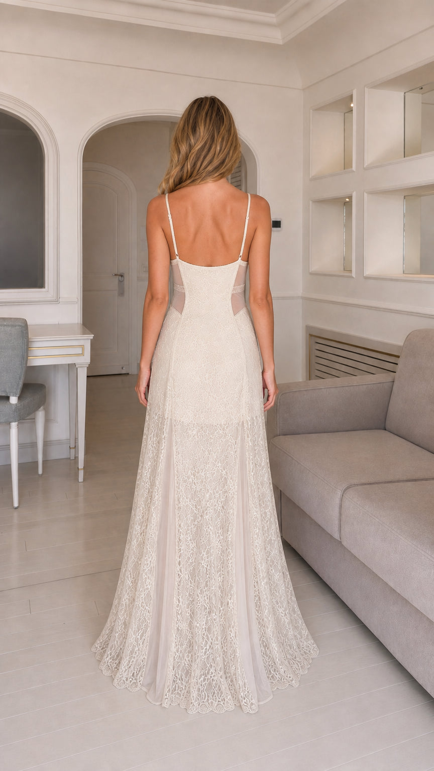 Back view of ivory lace maxi dress with delicate straps