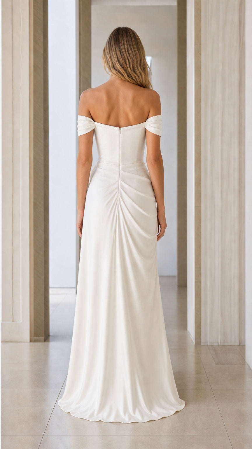 Back view of white satin maxi dress with draped back detail