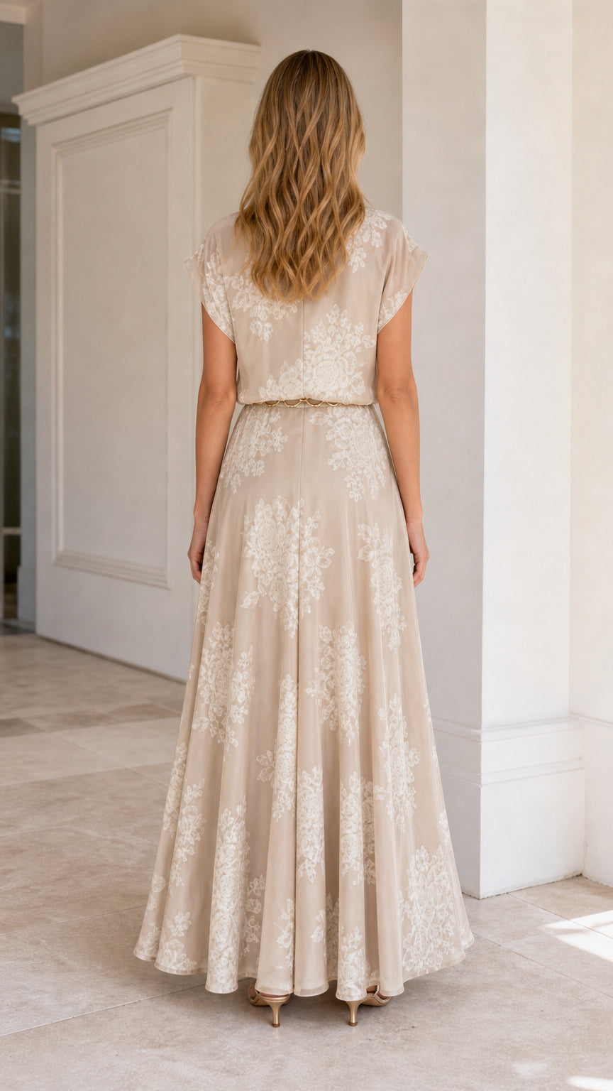 Model wearing Champagne floral embroidered maxi dress from the back view