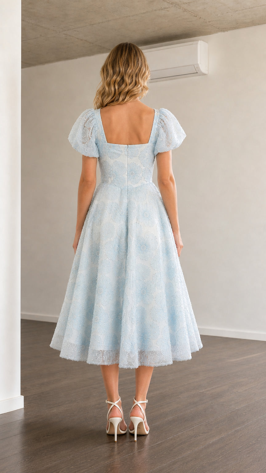 Back view of light blue midi dress