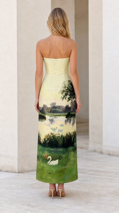 Back view of yellow landscape strapless maxi dress