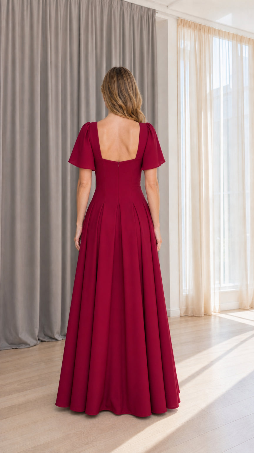 Back view of model in burgundy formal gown