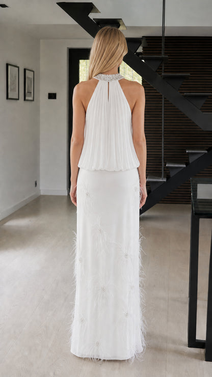 Back view of white evening gown