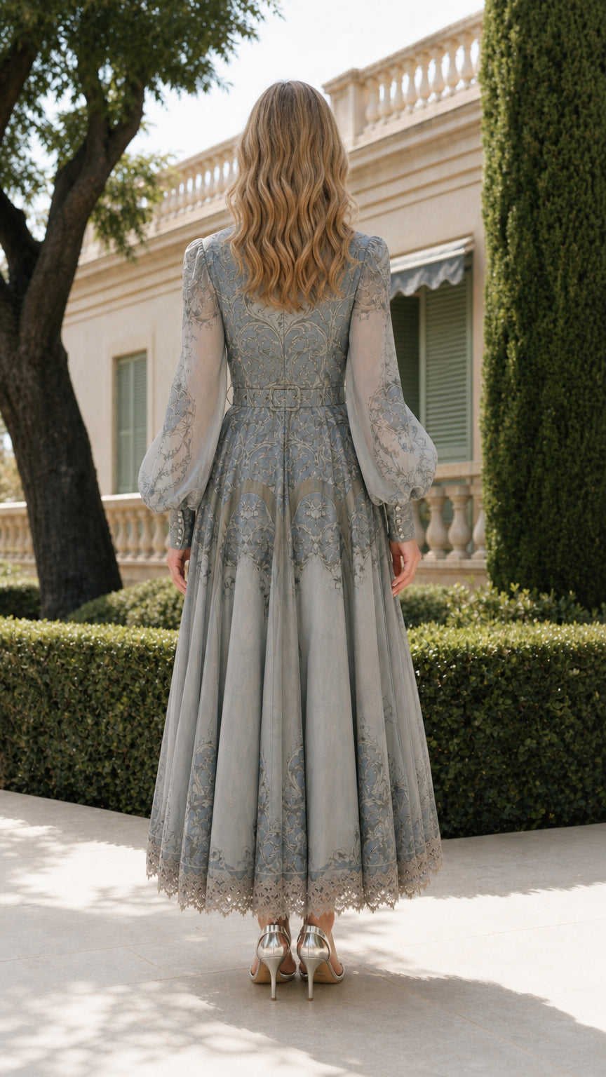 Back view of sage green maxi dress