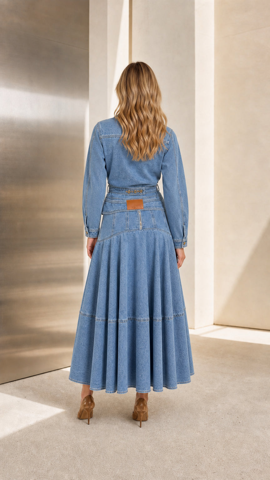 Back view of model showing full-length tiered Light Blue denim maxi dress