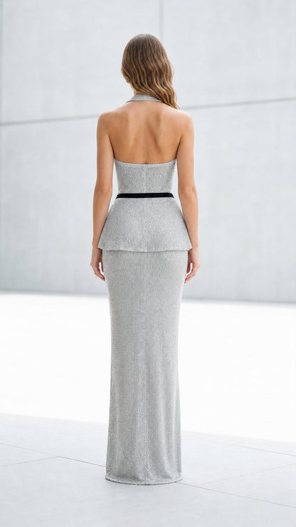 Back view of silver glitter halter maxi dress