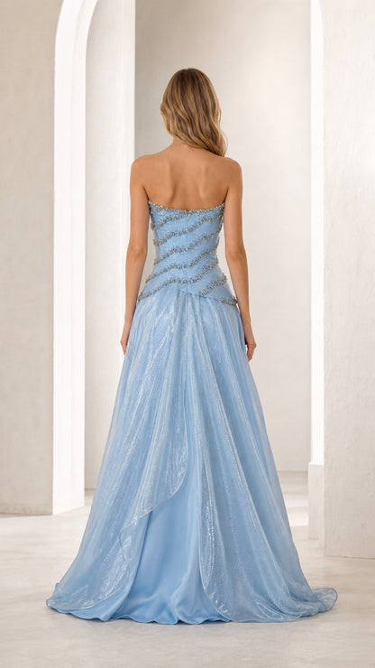 Back view of sky blue strapless floor-length evening dress