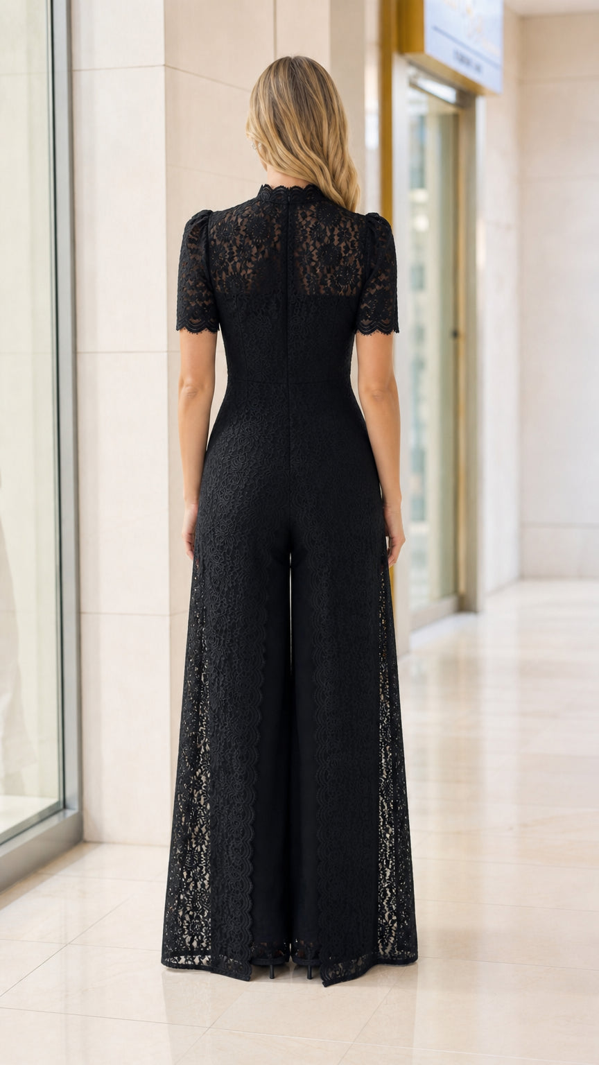 Back view of tailored black lace tunic and wide-leg trousers