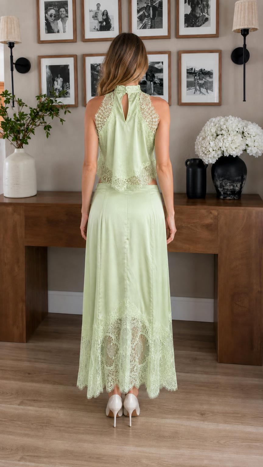 Sage Green Satin Two Piece Set Back View
