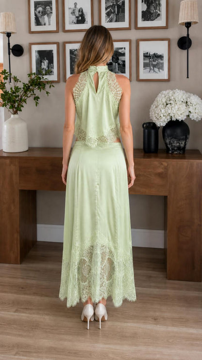 Sage Green Satin Two Piece Set Back View