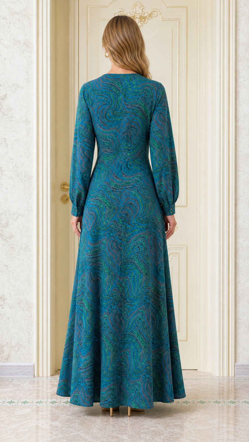 Back view of woman wearing Teal Blue long sleeve A-line maxi dress