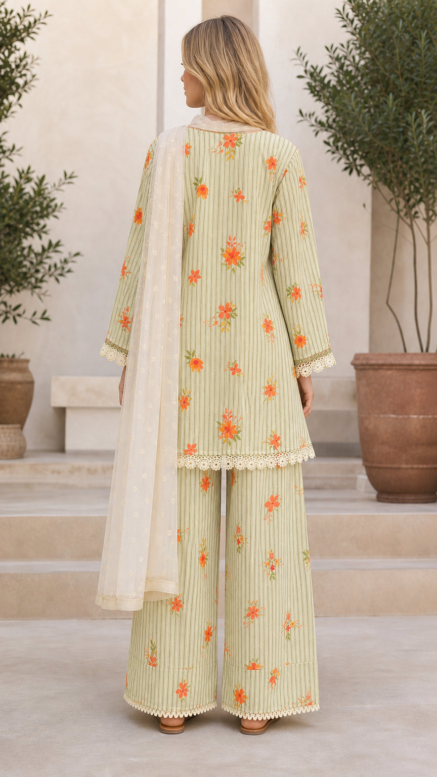 Back view of Sage Green 3-piece ethnic set