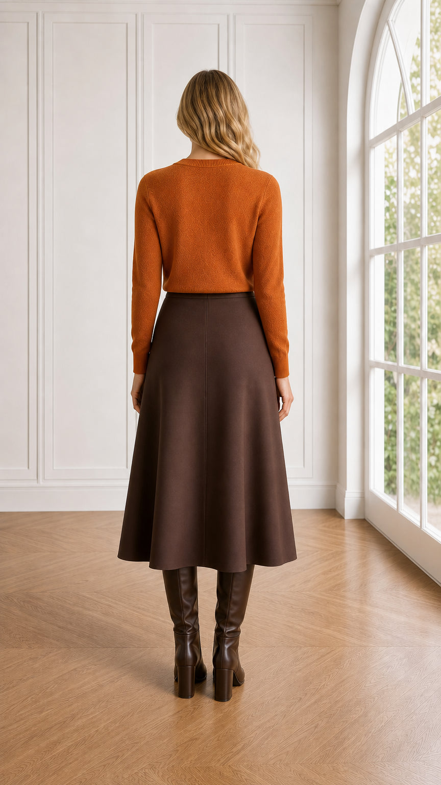 Back view of model wearing rust crewneck pullover sweater with midi skirt