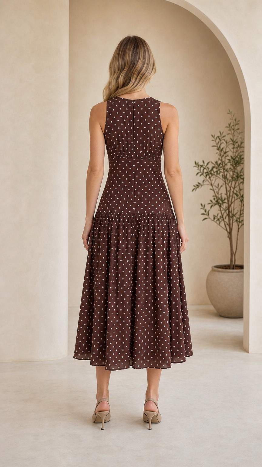 Back view of model wearing brown polka dot midi dress