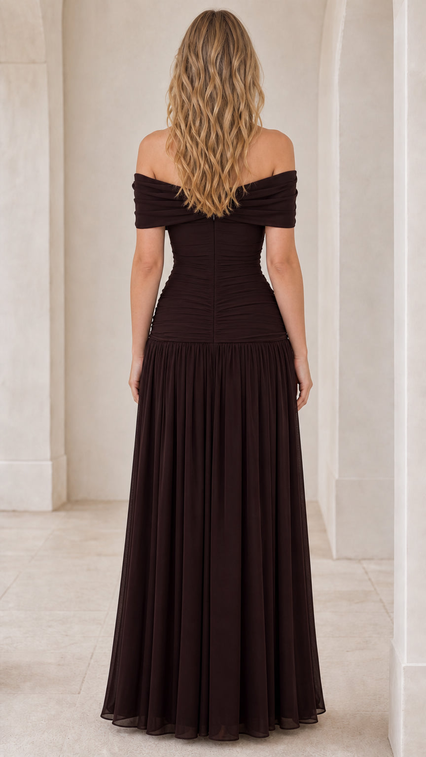Back view of brown formal maxi dress